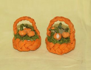 (2) Antique Halloween Pumpkin Basket Candy Container German Paper Mache Crepe