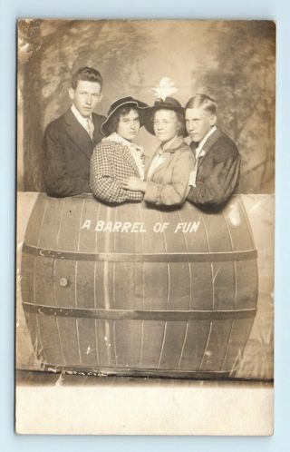 Studio Prop Rppc Postcard - Two Couples In A Barrel Of Fun Prop - C1910s Azo