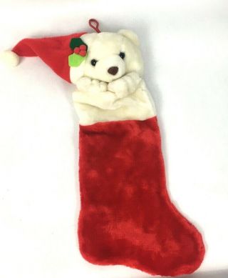 Polar Bear W/ Santa Hat Christmas Stocking Plush 20” Holiday Stuffed White Ganz
