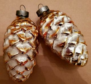 2 Yellow Vintage Antique Christmas Tree Ornament Pinecone Glass 3  1\2