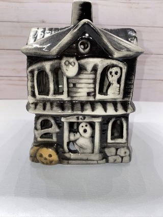Halloween Haunted House Gray Ceramic Tealight Pumpkin Ghosts -