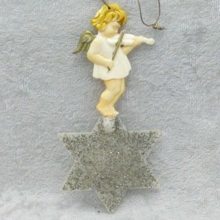 Vintage Hard Plastic Angel On Star Christmas Ornament Violin Germany 1940s