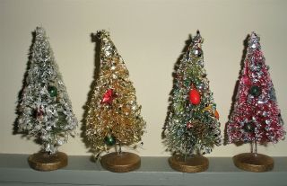 4 Vintage Decorated Bottle Brush Christmas Trees 4 " Tall,  Japan