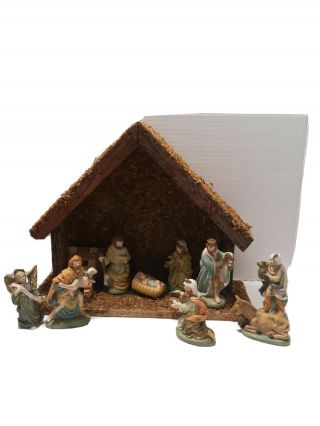 Trim A Home Nativity Set Wooden Stable And 9 Hand Painted Figurines
