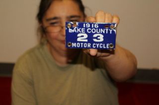 Lake County Motorcycle 1916 License Plate Gas Oil Porcelain Metal Sign