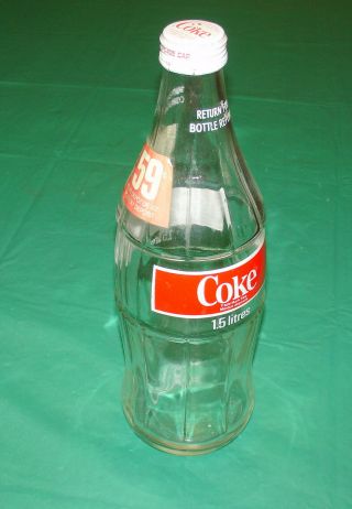 Vintage Coca Cola 1.  5 Liter Glass Bottle W/paper 59 Cents Label White Screw Top