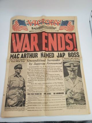 Wwii War Ends Wednesday August 15 1945 Los Angeles Examiner Newspaper