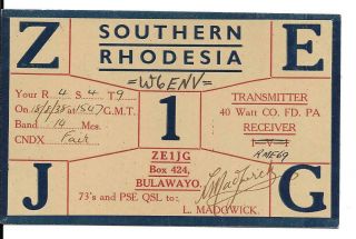 Qsl 1938 Southern Rhodesia Radio Card