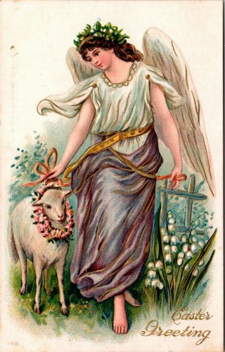 Easter Greeting,  Angel With Sheep,  Pink Flowers - Embossed - Vintage Postcard