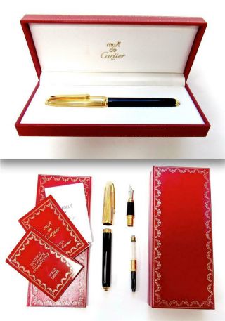 Louis Cartier Fountain Pen - - Black Lacquer Gold Finish - - 18k Gold Nib M