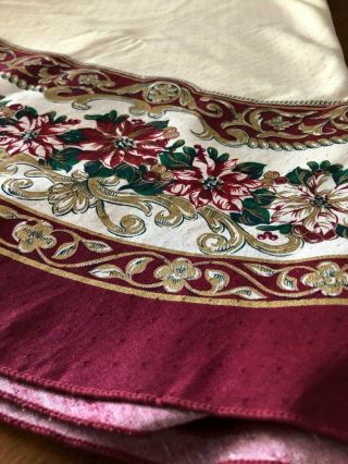 Round Holiday Christmas Tablecloth Poinsettia Burgundy Red Gold Green 68 "
