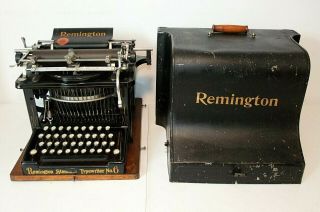Antique Remington No.  6 Typewriter With Metal Case/cover,  Wood Base,