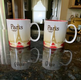 2 Starbucks Collector Series Paris Eiffel Tower Scene Coffee Mug 16 Oz 2010
