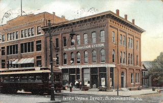 Vintage Postcard 1908 Interurban Depot Bloomington Illinois Trolley Traction Ill