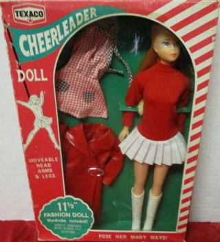 Vintage Texaco Cheerleader Doll,  11 1/2 " Tall,  2 Outfits,  Boots,  Raincoat,  Box