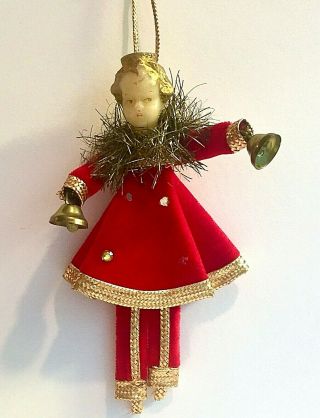 Vnt Koestel Wax Head Ornament Girl Ringing Handbells Red Velvet Tinsel Christmas