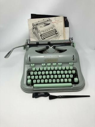 Vintage Hermes 3000 Portable Typewriter With Case Switzerland Sea Foam Green