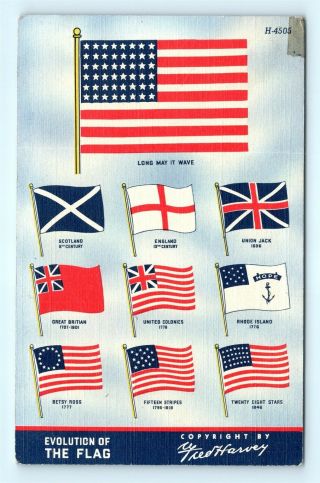 Postcard Patriotic Evolution Of The American Flag Fred Harvey K01