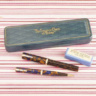 Vintage Waterman Ideal Patricia Blue Gold Mottled Fountain Pen Pencil Set W/box