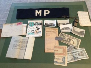 Ww2 1945 Military Police,  Philippines.  Arm Band,  Photos,  Dog Tags,  Money,  Letter