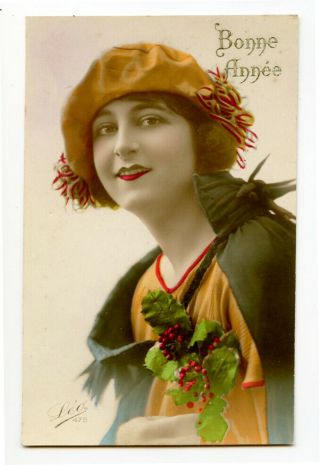 1920s French Glamour Pretty Young Lady Hand Tinted Photo Postcard