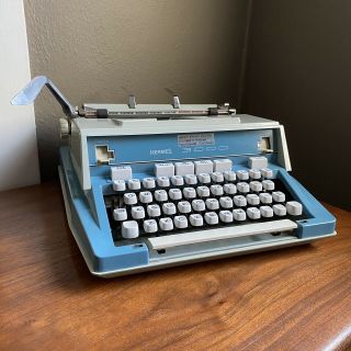 Vintage Hermes 3000 Blue Portable Typewriter W/ Case Made In France