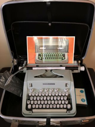 Vtg 1970 Hermes 3000 Seafoam Portable Typewriter W Case,  Pamphlet,  Cover,  Brush