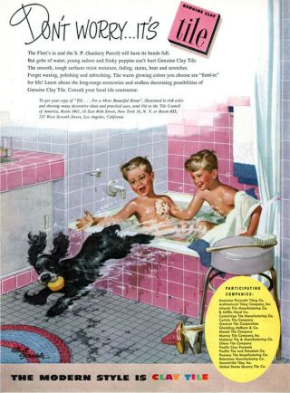 Albert Staehle Young Boys Taking Bath Cocker Spaniel Butch Clay Tile 1951 Ad