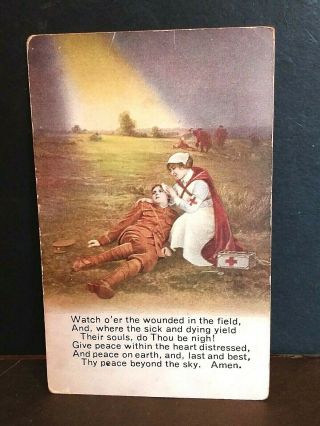 Vintage Wwi War Postcard Red Cross Nurse Army Soldier Field (in Color) Europe