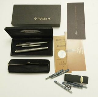 Vintage Parker 75 Cisele Sterling Silver Fountain Pen Pencil Set Papers & Box