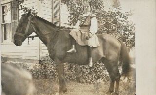 Rppc Sober Face Girl In High Button Shoes Sits Bareback On Horse