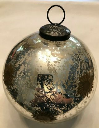 Large Antiqued Mirror Mercury Glass Kugel Christmas Ornament Gold Stars 5 "
