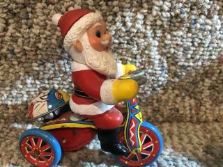Vintage Collectible Tin Wind Up Toy Santa Claus On Tricycle W Key - Great