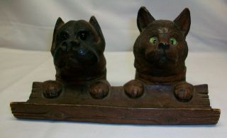 Vintage Black Forest Wood Carved Inkwell Stamp Cat Dog Patina