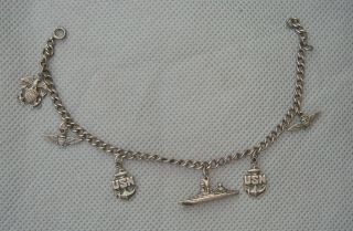 Vintage 1940s Wwii Us Navy Sweetheart Bracelet Sterling Silver With Charms