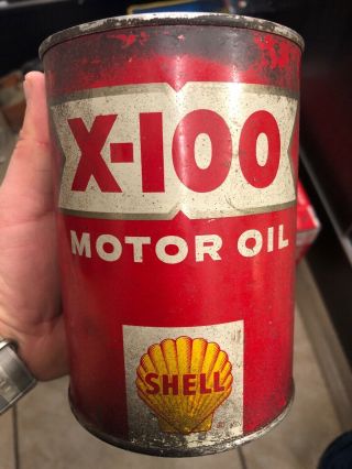 Vintage Shell X - 100 Motor Oil Full Can Sae 10 - W 1 One Us Quart