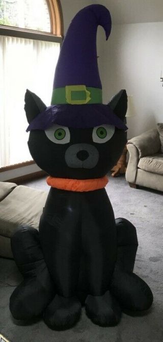 7ft.  Gemmy Airblown Inflatable Black Cat W/witch Hat 70380 W/stakes Cute
