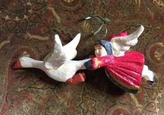Signed D.  Calla House Of Hatten Elf Angel Flying Goose Christmas Ornament 1998
