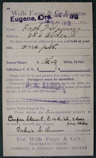 1912 Wells Fargo Postcard To Controversial University Of Oregon Professor F Dunn