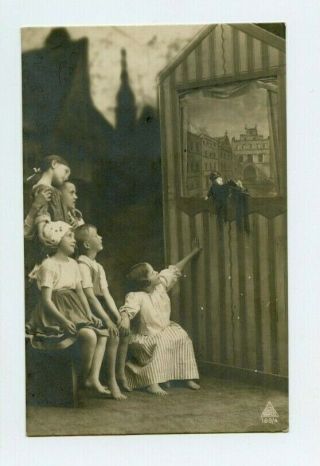 Vintage Postcard Rppc German Children Watching A Puppet Show