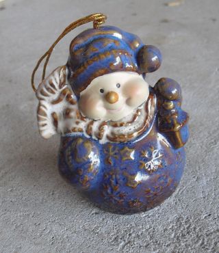 Unique Ceramic Snowman Ringing Bell Christmas Ornament 3 1/2 " Tall