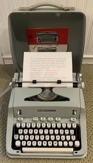 Vintage 1969 Hermes 3000 Seafoam Portable Typewriter W/ Case Pica Typeface Exc