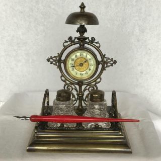 Victorian English Desk Set Brass With Crystal Ink Wells,  Clock & Bell