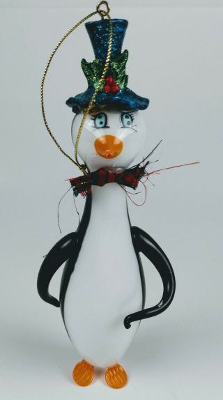 Hand Painted Blown Glass Penguin Christmas Tree Ornament.  Xmas Holiday