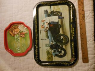 2 Vintage Coke Drink Coca Cola Tin Trays Lawrence Welk And Alice In 1914 Dodge
