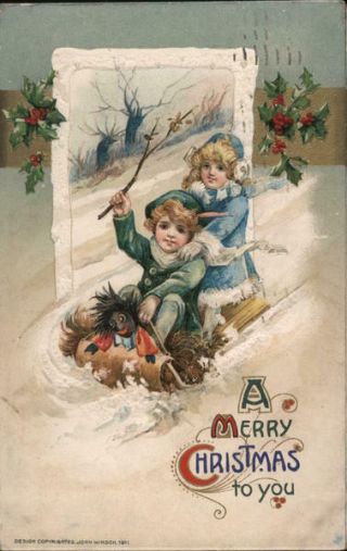 Christmas Children 1911 John Winsch A Boy And Girl With A Doll Sliding Down A Hi