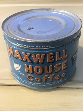 Old Vintage Maxwell House Coffee One - Pound Round Tin Can With Metal Lid