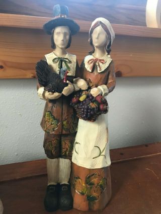 Carved Resin Thanksgiving Pilgrim Couple With Turkey & Fruit Basket Holiday Figu