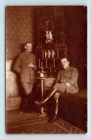 Wwi Era Soldiers Posed In Inticate Interior W Wine Alcohol - Military Photo Rppc