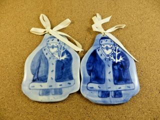 Set Of 2 Dutch Blue/white Ceramic Tile Christmas Ornament Delft Style Santa 2